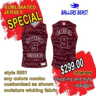 Picture of Lot of 10 Basketball Jersey Fully Decorated in a Sublimated Design. Style 5551 Special.